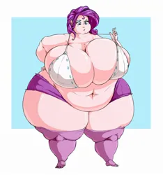 Size: 2000x2133 | Tagged: suggestive, artist:sirmasterdufel, color edit, derpibooru import, edit, rarity, human, bbw, belly button, big breasts, bra, breasts, busty rarity, clothes, colored, fat, fat boobs, female, high res, huge breasts, humanized, image, impossibly large breasts, impossibly large thighs, impossibly wide hips, jpeg, monochrome, morbidly obese, obese, open mouth, panties, raritubby, simple background, solo, solo female, ssbbw, standing, thighs, thunder thighs, underwear, wide hips