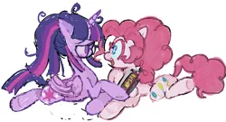 Size: 1315x709 | Tagged: safe, artist:dddddaxie998839, derpibooru import, pinkie pie, twilight sparkle, twilight sparkle (alicorn), alicorn, earth pony, alternate hairstyle, book, duo, female, glasses, image, lesbian, looking at each other, looking at someone, png, ponytail, shipping, simple background, twinkie, white background