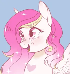Size: 2248x2380 | Tagged: safe, artist:nikosh, derpibooru import, oc, oc:magenta breeze, pegasus, blue background, blushing, bust, commissioner:dhs, cute, happy, heart, heart mark, image, looking up, open mouth, pink mane, png, portrait, simple background, smiling, sparkly mane