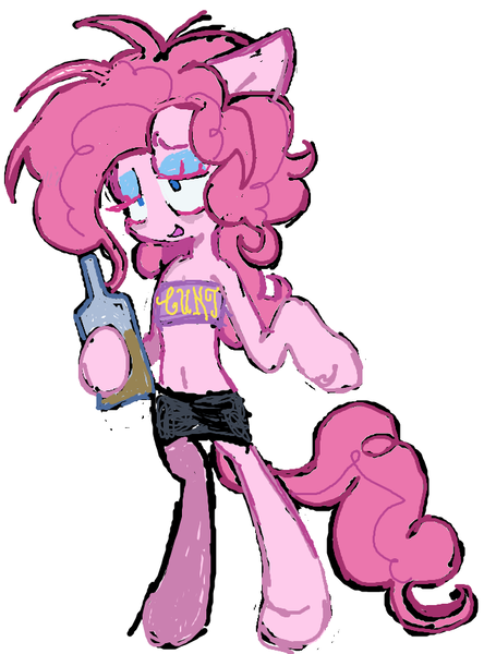 Size: 673x909 | Tagged: safe, artist:dddddaxie998839, derpibooru import, pinkie pie, earth pony, pony, .mov, party.mov, alcohol, bipedal, clothes, drink, eyeshadow, image, makeup, png, pony.mov, simple background, skirt, solo, tube top, vulgar, white background