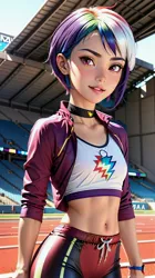 Size: 1616x2880 | Tagged: safe, derpibooru import, machine learning generated, stable diffusion, human, ai content, belly button, breasts, choker, clothes, cutie mark, cutie mark on clothes, female, generator:aniversethxed14, generator:mlprainbowdash-10, humanized, image, jacket, jpeg, lipstick, looking at you, midriff, multicolored hair, pants, pixie cut, prompt in description, prompter:marusame, purple eyes, rainbow hair, small breasts, solo, solo female, stadium, tanktop, track and field, upscaled