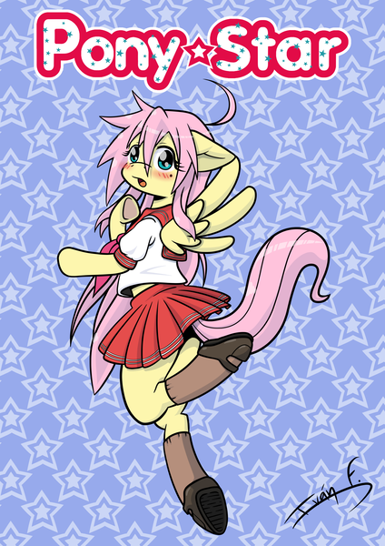 Size: 2481x3508 | Tagged: safe, alternate version, artist:memprices, derpibooru import, edit, fluttershy, pegasus, pony, semi-anthro, blushing, clothes, colored, cosplay, costume, crossover, cute, female, high res, image, izumi konata, jumping, logo, logo edit, looking at you, lucky star, mare, otakushy, png, raised tail, sailor uniform, school uniform, shoes, shyabetes, simple background, simple shading, skirt, socks, solo, spread wings, stars, tail, uniform, white background, wings
