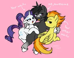 Size: 969x765 | Tagged: safe, alternate version, artist:leopardsnaps, derpibooru import, rarity, spitfire, oc, oc:nathan, pegasus, pony, unicorn, :p, bedroom eyes, blushing, canon x oc, cuddling, digital art, female, g4, image, love, male, mare, meme, ms paint, nathan gets all the mares, pink background, png, polyamory, self insert, shipping, simple background, smug, stallion, straight, text, tongue out, trio, waifu, waifu thief