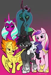 Size: 3000x4400 | Tagged: safe, artist:leopardsnaps, derpibooru import, princess cadance, queen chrysalis, rarity, spitfire, oc, oc:nathan, alicorn, changeling, changeling queen, pegasus, pony, unicorn, g5, my little pony: make your mark, spoiler:g5, spoiler:my little pony: make your mark, blushing, canon x oc, female, flirting, g4, gradient background, group, harem, image, lucky bastard, nathan gets all the mares, opaline arcana, png, smiling, smug