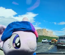 Size: 1200x1013 | Tagged: safe, artist:sepiakeys, derpibooru import, twilight sparkle, blue sky, crazy horse memorial, image, irl, jpeg, parking lot, photo, pickup truck, plushie