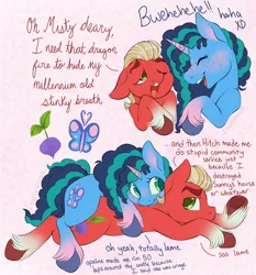 Size: 4000x4300 | Tagged: safe, artist:leopardsnaps, derpibooru import, sprout cloverleaf, earth pony, pony, unicorn, g5, my little pony: make your mark, spoiler:g5, spoiler:my little pony: make your mark, cuddling, duo, female, image, implied opaline arcana, laughing, lying down, lying on top of someone, male, mare, misty brightdawn, mistyclover, mocking, png, shipping, stallion, straight, text, wholesome