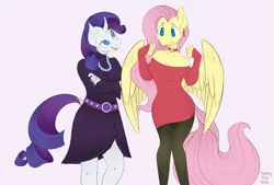 Size: 3697x2500 | Tagged: safe, artist:leopardsnaps, derpibooru import, fluttershy, rarity, anthro, pegasus, unicorn, belt, choker, clothes, dress, duo, ear piercing, earring, female, g4, image, jewelry, leggings, necklace, pearl necklace, piercing, png, species swap, tight clothing, tights