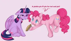 Size: 3500x2032 | Tagged: safe, artist:leopardsnaps, derpibooru import, pinkie pie, twilight sparkle, twilight sparkle (alicorn), alicorn, earth pony, pony, annoyed, dialogue, duo, female, floppy ears, food, g4, happy, image, mare, pi, pie, pink background, png, pun, simple background, text, twilight sparkle is not amused, unamused
