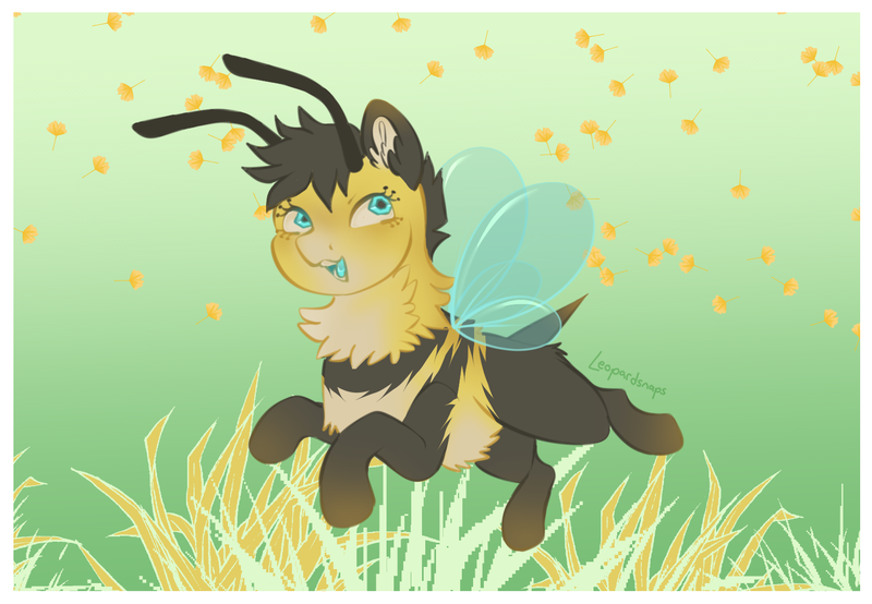 Size: 1550x1074 | Tagged: safe, artist:leopardsnaps, derpibooru import, oc, unofficial characters only, bee, bee pony, insect, original species, abstract background, antennae, bee wings, fluffy, image, png, smiling, solo, stinger