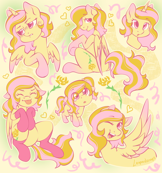 Size: 2800x3000 | Tagged: safe, artist:leopardsnaps, derpibooru import, oc, oc:golden rose, unofficial characters only, alicorn, pegasus, pony, :o, :p, abstract background, blush lines, blushing, clothes, colored wings, expressions, eye clipping through hair, eyebrows, eyebrows visible through hair, female, filly, floppy ears, foal, heart, image, looking at you, looking away, mare, one eye closed, open mouth, png, shy, sitting, socks, solo, tongue out, tsundere, wings, wink, winking at you