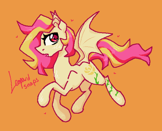 Size: 558x452 | Tagged: safe, artist:leopardsnaps, derpibooru import, oc, oc:golden rose, unofficial characters only, bat pony, pony, bat ponified, bat pony oc, bat wings, digital art, extended cutie mark, female, floating heart, heart, image, leg cutie mark, looking back, mare, ms paint, orange background, png, race swap, signature, simple background, solo, species swap, spread wings, teary eyes, wings