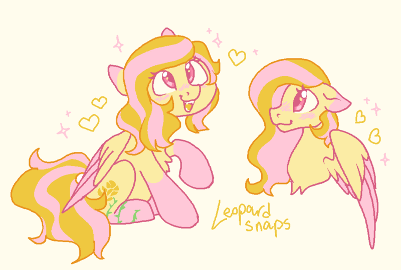 Size: 1032x696 | Tagged: safe, artist:leopardsnaps, derpibooru import, oc, oc:golden rose, unofficial characters only, pegasus, pony, blush lines, blushing, chest fluff, coat markings, colored hooves, colored wings, extended cutie mark, female, happy, image, leg cutie mark, mare, png, raised hoof, signature, simple background, sitting, smiling, socks (coat marking), solo, sparkles, two toned wings, wings, yellow background