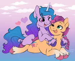 Size: 3000x2424 | Tagged: safe, artist:leopardsnaps, derpibooru import, izzy moonbow, sunny starscout, earth pony, pony, unicorn, g5, cuddling, duo, female, gradient background, gradient hair, image, izzyscout, lesbian, looking at each other, looking at someone, lying down, mare, one eye closed, png, prone, shipping, simple background, smiling, snuggling, sploot, tongue out, wink