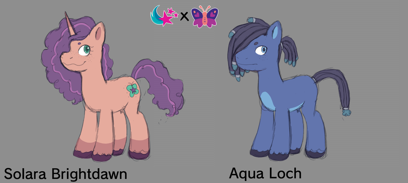 Size: 2000x900 | Tagged: safe, artist:briarlight, derpibooru import, sunny starscout, oc, oc:aqua loch, oc:solara brightdawn, unofficial characters only, earth pony, pony, unicorn, g5, blank flank, coat markings, curly mane, cutie mark, dreadlocks, duo, female, freckles, image, lesbian, male, mare, misty brightdawn, mistystar, offspring, parent:misty brightdawn, parent:sunny starscout, parents:mistystar, png, socks (coat marking), stallion, unshorn fetlocks