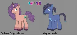 Size: 2000x900 | Tagged: safe, artist:briarlight, derpibooru import, sunny starscout, oc, oc:aqua loch, oc:solara brightdawn, unofficial characters only, earth pony, pony, unicorn, g5, blank flank, coat markings, curly mane, cutie mark, dreadlocks, duo, female, freckles, image, lesbian, male, mare, misty brightdawn, mistystar, offspring, parent:misty brightdawn, parent:sunny starscout, parents:mistystar, png, socks (coat marking), stallion, unshorn fetlocks