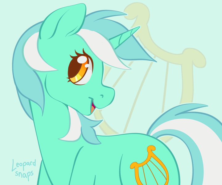 Size: 3600x3000 | Tagged: safe, artist:leopardsnaps, derpibooru import, lyra heartstrings, pony, unicorn, cutie mark background, female, g4, green background, high res, image, mare, open mouth, open smile, png, signature, simple background, smiling, solo, turned head