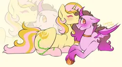 Size: 3000x1654 | Tagged: safe, artist:leopardsnaps, derpibooru import, oc, oc:golden rose, unofficial characters only, alicorn, bat pony, bat pony alicorn, pony, unicorn, bat wings, blushing, choker, curved horn, duo, duo female, extended cutie mark, eyes closed, female, forehead kiss, gradient hooves, grumpy, horn, image, jewelry, kissing, leg cutie mark, lesbian, necklace, oc x oc, png, shipping, shy, simple background, tsundere, unshorn fetlocks, wings, yellow background, zoom layer