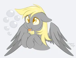 Size: 2100x1600 | Tagged: safe, artist:leopardsnaps, derpibooru import, derpy hooves, pegasus, pony, :p, colored wings, cute, cutie mark background, derp, derpabetes, female, floppy ears, g4, gray background, image, mare, png, puffy cheeks, signature, silly, simple background, solo, tongue out, wings