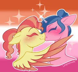 Size: 2170x2000 | Tagged: safe, artist:leopardsnaps, derpibooru import, oc, unofficial characters only, pegasus, pony, unicorn, g5, background pony, colored wings, duo, eyes closed, female, gradient background, image, kissing, lesbian, lesbian pride flag, oc x oc, outline, png, pride, pride flag, pride flag background, scrunchy face, shipping, signature, smooch, sparkles, two toned wings, white outline, wings