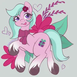 Size: 2700x2700 | Tagged: safe, artist:leopardsnaps, derpibooru import, pony, g5, clothes, dahlia, flower, flower in hair, image, looking at you, png, raised hoof, scarf, simple background, smiling, solo