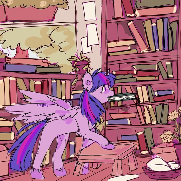 Size: 1855x1857 | Tagged: safe, artist:izzypaw, derpibooru import, twilight sparkle, twilight sparkle (alicorn), alicorn, pony, book, bookhorse, bookshelf, female, image, jpeg, library, mare, mouth hold, signature, solo