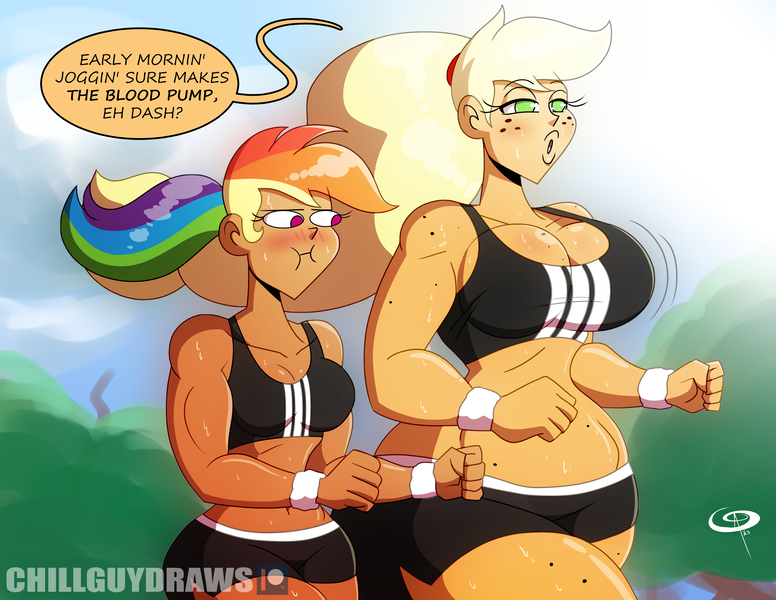 Size: 3300x2550 | Tagged: suggestive, artist:chillguydraws, derpibooru import, applejack, rainbow dash, human, :i, adidas, big breasts, blushing, boob freckles, breast envy, breasts, busty applejack, chest freckles, cleavage, clothes, duo, duo female, female, freckles, humanized, image, jogging, medium support, meme, muscles, png, rainbuff dash, shorts, shoulder freckles, signature, speech bubble, sports bra, sports shorts, sweat, tan skin, thighs, thunder thighs