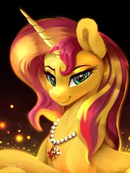 Size: 1800x2400 | Tagged: safe, artist:darksly, derpibooru import, sunset shimmer, pony, unicorn, bust, cutie mark accessory, cutie mark necklace, female, image, jewelry, jpeg, mare, necklace, portrait, signature, smiling, solo