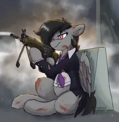Size: 2919x2988 | Tagged: safe, artist:reddthebat, derpibooru import, oc, unofficial characters only, pegasus, pony, blood, female, gun, h&k g3, hoof hold, image, jpeg, mare, necktie, not octavia, rifle, solo, weapon
