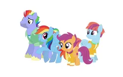 Size: 1169x733 | Tagged: artist needed, safe, artist:selenaede, derpibooru import, bow hothoof, rainbow dash, scootaloo, windy whistles, pegasus, pony, adopted, adopted offspring, clothes, dyed mane, family, female, headcanon in the description, image, jacket, male, png, rainbow dash's parents, scootadoption, scootalove