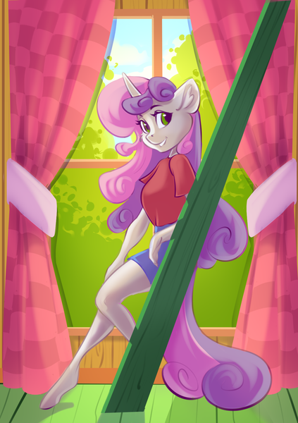 Size: 1100x1560 | Tagged: safe, artist:kittytitikitty, derpibooru import, sweetie belle, anthro, unguligrade anthro, unicorn, clothes, female, image, png, solo