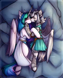 Size: 3800x4700 | Tagged: safe, derpibooru import, princess celestia, oc, oc:light knight, alicorn, pegasus, armor, armor skirt, bed, bedroom, canon x oc, clothes, dress, fantasy class, female, greek, guard, image, kissing, male, military, png, rome, skirt, spartan, straight, toga, underwear, warrior