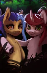 Size: 1500x2312 | Tagged: safe, artist:hierozaki, derpibooru import, oc, unofficial characters only, bat pony, pony, unicorn, bat pony oc, bat wings, duo, female, hoof around neck, hoof on shoulder, image, looking at you, mare, png, smiling, smiling at you, wings