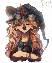 Size: 903x1080 | Tagged: safe, artist:sweetsa1t, derpibooru import, oc, unofficial characters only, pony, unicorn, bust, clothes, eyes closed, female, floral head wreath, flower, hat, image, jpeg, simple background, solo, white background, witch hat