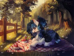 Size: 1280x960 | Tagged: safe, artist:sweetsa1t, derpibooru import, oc, pegasus, pony, bowl, cake, colored wings, drawing, drink, ear fluff, female, food, forest, glasses, hair tie, image, jpeg, lying down, mare, multicolored wings, notebook, outdoors, pegasus oc, picnic, picnic blanket, plate, prone, round glasses, solo, strawberry, tree, unshorn fetlocks, wings