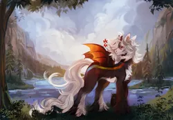 Size: 1075x750 | Tagged: safe, artist:sweetsa1t, derpibooru import, oc, unofficial characters only, hybrid, pony, bat wings, chest fluff, horns, hybrid oc, image, jpeg, lake, mountain, outdoors, scenery, solo, tree, unshorn fetlocks, water, wings