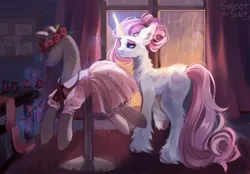 Size: 1075x750 | Tagged: safe, artist:sweetsa1t, derpibooru import, oc, unofficial characters only, pony, unicorn, clothes, curtains, dress, dressmaking, ear fluff, fabric, female, floral head wreath, flower, horn, image, jpeg, mannequin, neck fluff, needle, rose, solo, string, unicorn oc, unshorn fetlocks, window