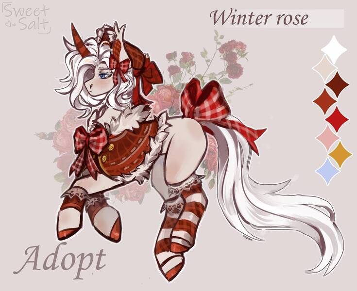 Size: 1280x1045 | Tagged: safe, artist:sweetsa1t, derpibooru import, oc, oc:winter rose, unofficial characters only, unicorn, adoptable, bow, cape, clothes, curved horn, horn, image, jpeg, socks, solo, tail, tail bow