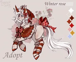 Size: 1280x1045 | Tagged: safe, artist:sweetsa1t, derpibooru import, oc, oc:winter rose, unofficial characters only, unicorn, adoptable, bow, cape, clothes, curved horn, horn, image, jpeg, socks, solo, tail, tail bow