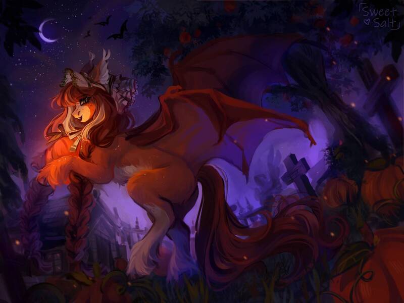 Size: 1280x960 | Tagged: safe, artist:sweetsa1t, derpibooru import, oc, unofficial characters only, bat, bat pony, firefly (insect), insect, pony, bat pony oc, bat wings, belly fluff, braid, crescent moon, ear fluff, female, gravestone, graveyard, halloween, headdress, holiday, house, image, jpeg, mare, moon, night, pumpkin, solo, spread wings, stars, tree, unshorn fetlocks, wings