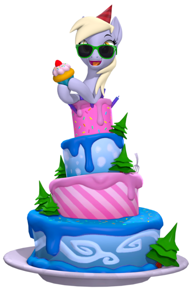 Size: 2159x3300 | Tagged: safe, artist:owlpirate, derpibooru import, derpy hooves, pegasus, pony, 3d, cake, cupcake, cute, derpabetes, female, food, hat, high res, hoof hold, image, looking at you, mare, open mouth, open smile, party hat, png, ponies in food, simple background, smiling, smiling at you, solo, source filmmaker, sunglasses, transparent background