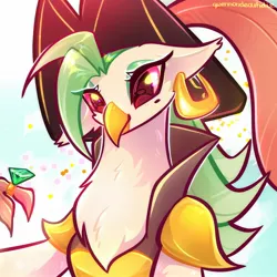 Size: 2048x2048 | Tagged: safe, artist:qwennondeathdie, derpibooru import, captain celaeno, anthro, bird, parrot pirates, my little pony: the movie, bust, chest fluff, emerald, eye clipping through hair, female, gem, image, jewelry, jpeg, pirate, ring, solo