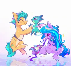 Size: 2221x2048 | Tagged: safe, artist:qwennondeathdie, derpibooru import, hitch trailblazer, izzy moonbow, sparky sparkeroni, dragon, earth pony, pony, unicorn, g5, baby, baby dragon, bipedal, eyes closed, female, holding a dragon, image, jpeg, male, mare, mouth hold, papa hitch, present, reflection, ribbon, simple background, smiling, stallion, trio, white background, wrapping paper