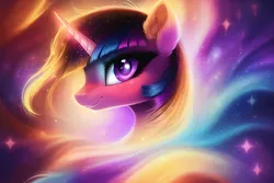 Size: 3072x2048 | Tagged: safe, derpibooru import, machine learning generated, novelai, stable diffusion, twilight sparkle, pony, unicorn, abstract, abstract background, ai content, blushing, bust, cute, female, high res, image, mare, png, portrait, prompter:endless--, smiling, solo, stars, unicorn twilight