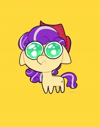 Size: 1074x1368 | Tagged: safe, artist:petaltwinkle, derpibooru import, chibi, commission, commissioner:dhs, cowboy hat, crying, cute, ear fluff, freckles, hat, image, jpeg, outdated design, purple mane, sad, simple background, standing up, too cute, yellow background, yellow coat, your character here