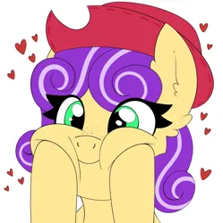 Size: 2039x2048 | Tagged: safe, derpibooru import, oc, oc:quickdraw, bedroom eyes, cheek squish, clothes, commissioner:dhs, cowboy hat, happy, hat, heart, image, jpeg, looking at you, oral, purple coat, purple mane, sex, simple background, squishy cheeks, white background, yellow coat