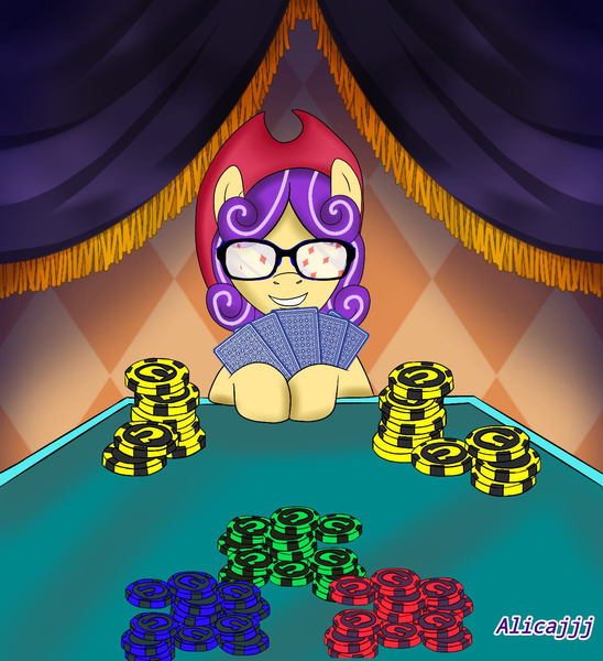 Size: 1226x1342 | Tagged: safe, artist:alicajjj, derpibooru import, oc, oc:quickdraw, cowboy hat, glasses, hat, hooves, image, looking at you, playing card, png, poker, poker chips, purple mane, reflection, smiling, table, yellow coat