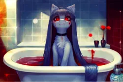 Size: 928x616 | Tagged: semi-grimdark, derpibooru import, machine learning generated, stable diffusion, oc, oc:cosmia nebula, unofficial characters only, earth pony, ai content, bathroom, bathtub, blood, choker, crying, derpibooru exclusive, detailed background, earth pony oc, flower, generator:pony diffusion v5, image, long hair, looking at you, png, red eyes, rose, tears of blood