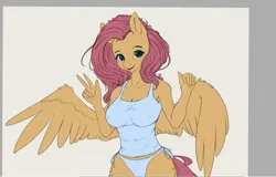 Size: 1888x1205 | Tagged: suggestive, artist:miokomata, derpibooru import, fluttershy, anthro, pegasus, pony, breasts, busty fluttershy, clothes, erect nipples, female, freckles, freckleshy, image, jpeg, looking at you, mare, nipple outline, panties, peace sign, sipping, smiling, smiling at you, solo, solo female, underwear