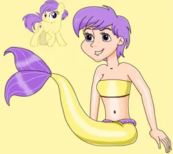 Size: 1017x906 | Tagged: safe, artist:ocean lover, derpibooru import, berry sweet, earth pony, human, mermaid, pony, background human, background pony, bare midriff, bare shoulders, beautiful, belly, belly button, cute, female, fins, fish tail, friendship student, human coloration, humanized, image, light skin, looking at you, mermaid tail, mermaidized, midriff, ms paint, png, pose, purple eyes, purple hair, reference, short hair, simple background, sitting, sleeveless, solo, solo female, species swap, tail, tail fin, teenager, yellow background