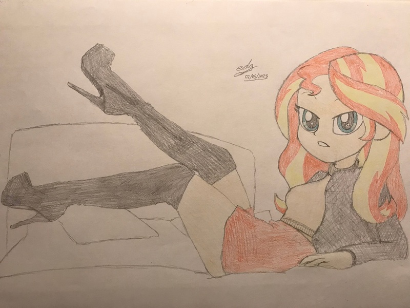 Size: 2048x1536 | Tagged: safe, artist:gibsterboy5, derpibooru import, sunset shimmer, human, equestria girls, boots, clothes, high heel boots, image, jpeg, looking at you, lying down, shoes, signature, skirt, sunset shimmer day, sweater, trace, traditional art